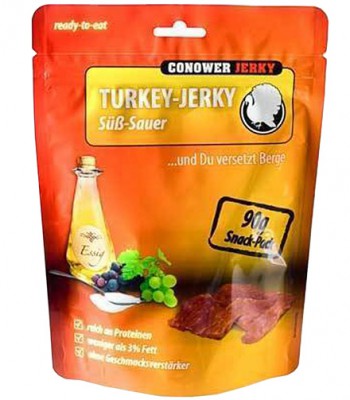 Trockenfleisch wird auch "Jerkey" genannt. Den würzigen Outdoor-Snack gibt's von mehreren Herstellern auch als Fertigprodukt.