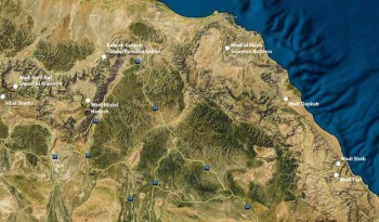 Die Klettergebiete im Oman von Jabal Shams im Westen bis hin zum Klettergebiet Wadi Tiwi im Osten an der K&uuml;ste. | Eigene Darstellung