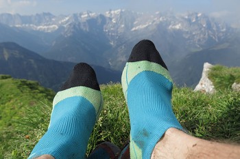 Die kurze Laufsocke "No Show" sieht man, wie der Name schon sagt, im Schuh nicht. Daher musste sie f&uuml;rs Foto aus dem Schuh raus. | Foto: Holger Stark