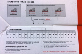 Die Herstellerempfehlung für die Ocun Ozone für die Größenwahl auf dem Schuhkarton. | Foto: Basti Fiedler