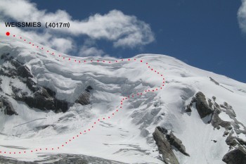 Unsere Aufstiegsroute auf das Weissmies. | Foto: Ben Weiler