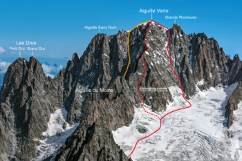 Foto-Skizze der Route durch den Whymper Couloir für die Besteigung der Aiguille Verte.