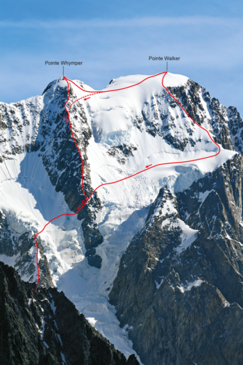 Foto und Skizze der Südflanke der Grandes Jorasses.