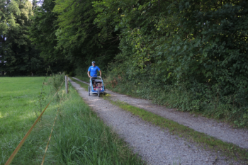 Optimale Testbedingungen: Mit den Kindern im Thule Chariot CX 2 beim Laufen. | Foto: Arnold Zimprich