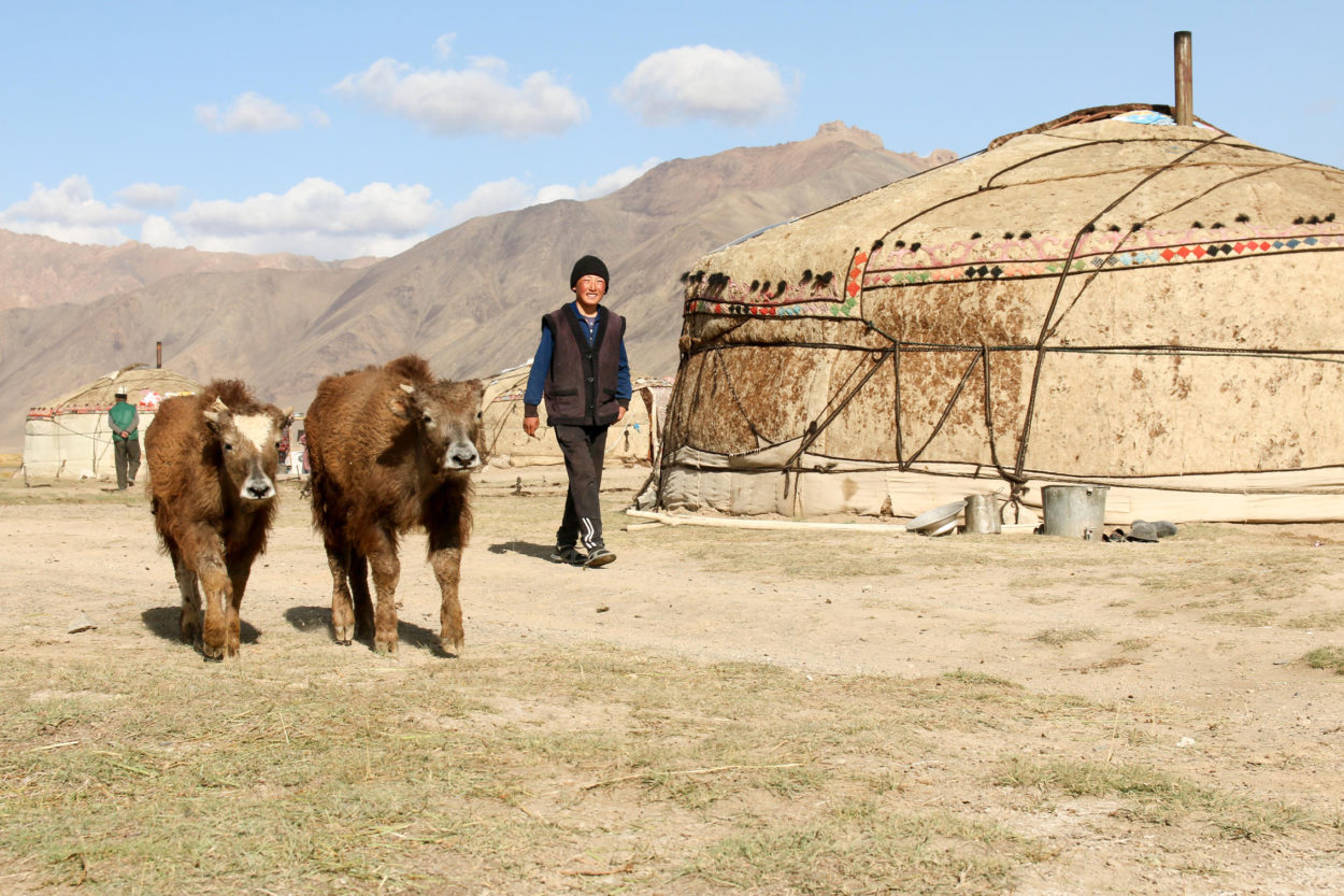 Junger Hirte mit Yak-K&auml;lbern. Trotz des harten Lebens, der kalten Witterung und der d&uuml;nnen Luft sind die Menschen im Pamir au&szlig;ergew&ouml;hnlich gut gelaunt. | Foto: Adriane Lochner