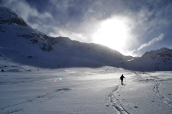 Eine Skitourengeherin im Tiefschnee