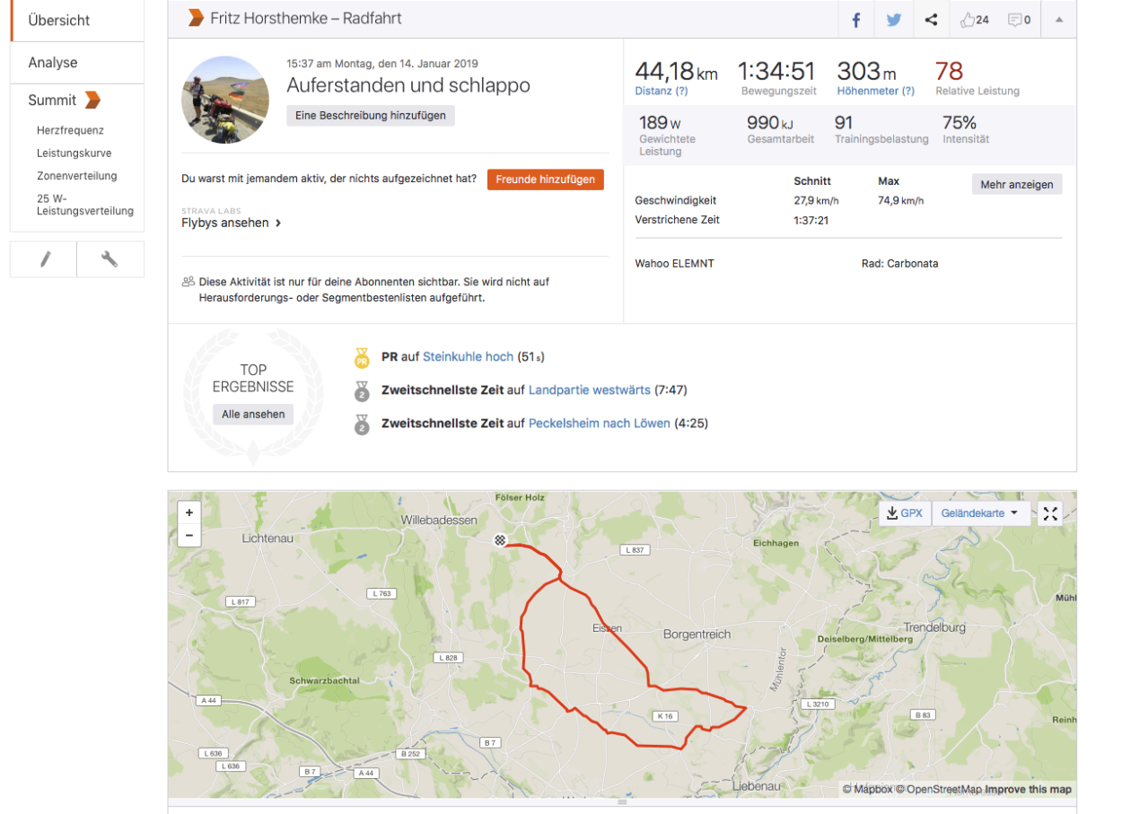 Screenshot einer Strava Trainingsaufzeichnung