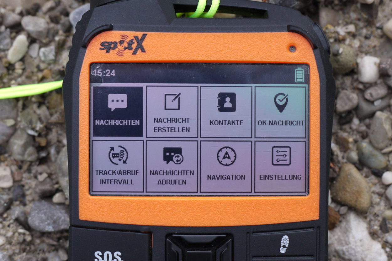 Das Menü des angeschalteten Spot X 2-Wege-Satelliten-Messengers.